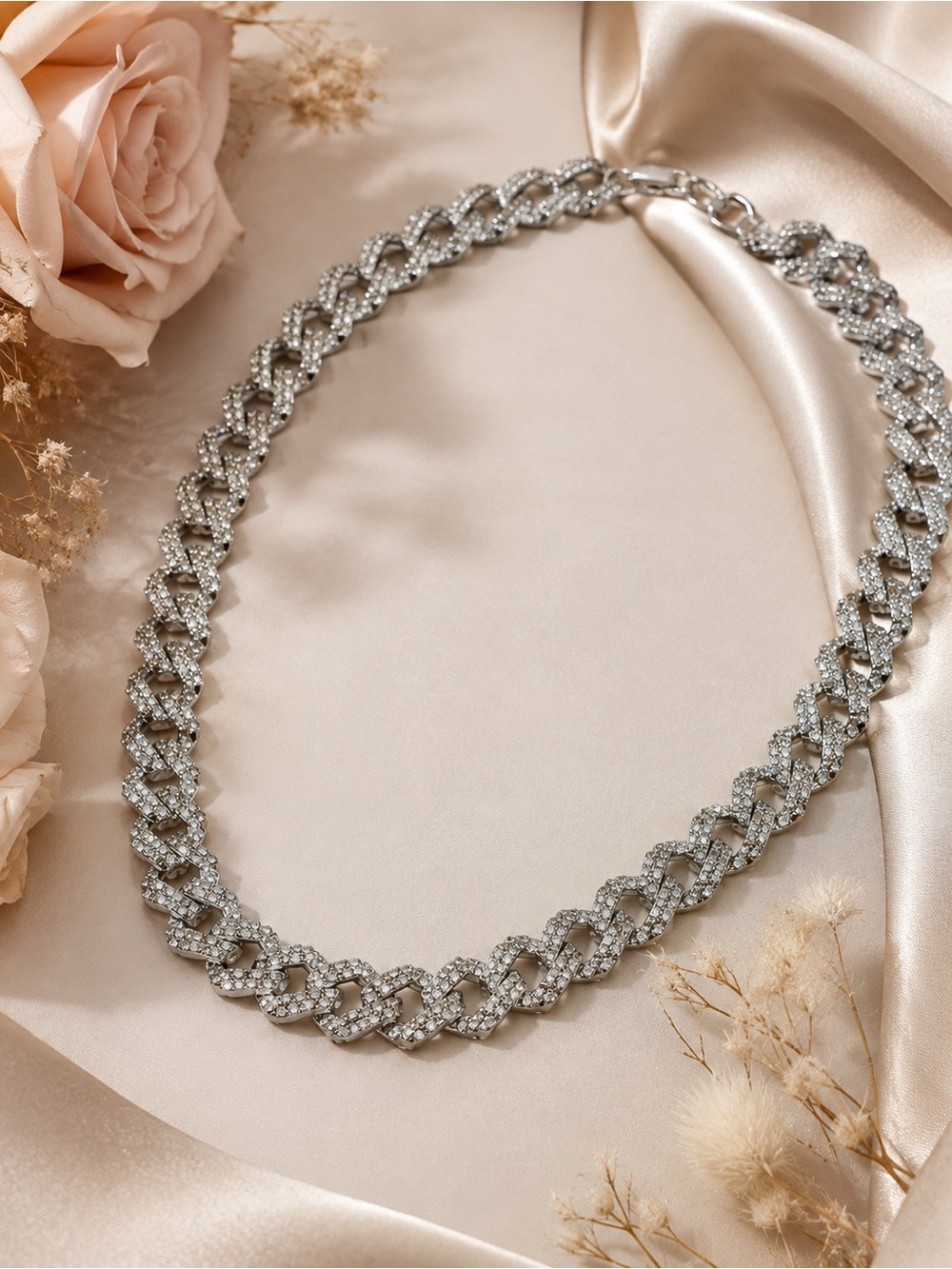 Silver Pavรฉ Cuban Link Necklace - Women Jewelry